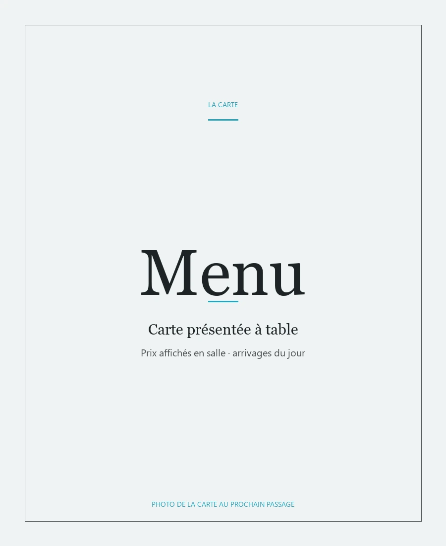 Carte L'Aquarium présentée à table, photo de la carte au prochain passage